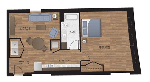 Floor plan for 1 bed, 1 bath, 883 sqft